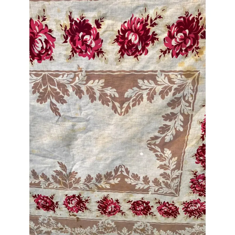 Vintage Tablecloth with Red and Pink Roses and Leaves